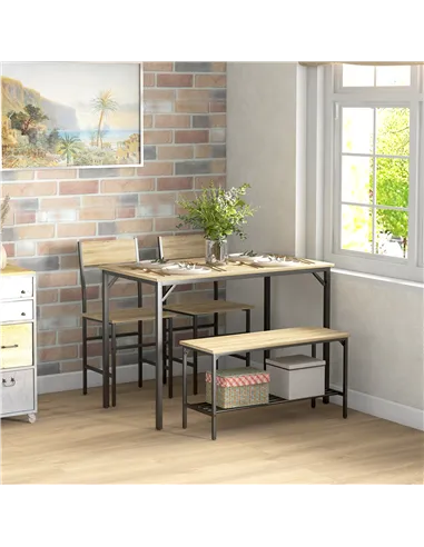 HOMCOM Square Dining Set for 4 Persons, Table, Chairs and Bench Included, Natural Wood Effect