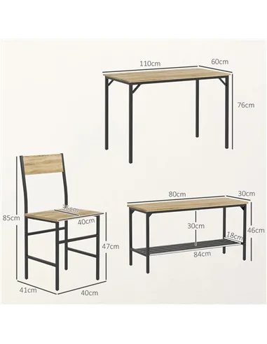 HOMCOM Square Dining Set for 4 Persons, Table, Chairs and Bench Included, Natural Wood Effect
