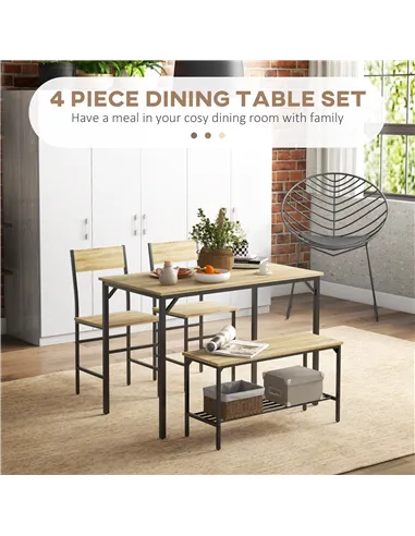 HOMCOM Square Dining Set for 4 Persons, Table, Chairs and Bench Included, Natural Wood Effect