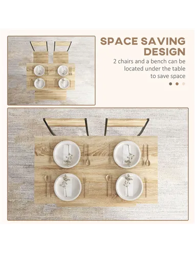 HOMCOM Square Dining Set for 4 Persons, Table, Chairs and Bench Included, Natural Wood Effect