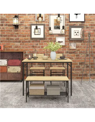 HOMCOM Square Dining Set for 4 Persons, Table, Chairs and Bench Included, Natural Wood Effect