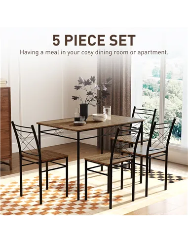 HOMCOM Modern Dining Table Set for 4, Space-Saving 5 Pieces Kitchen Table Set with Rectangle Table and Steel Frame, Oak