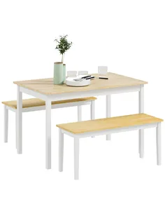 HOMCOM Dining Table and Bench Set, Farmhouse Kitchen Table and Bench with Wooden Frame for Living Room, Dining Room, Natural and