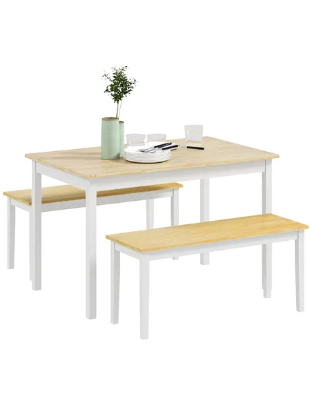 HOMCOM Dining Table and Bench Set, Farmhouse Kitchen Table and Bench with Wooden Frame for Living Room, Dining Room, Natural and