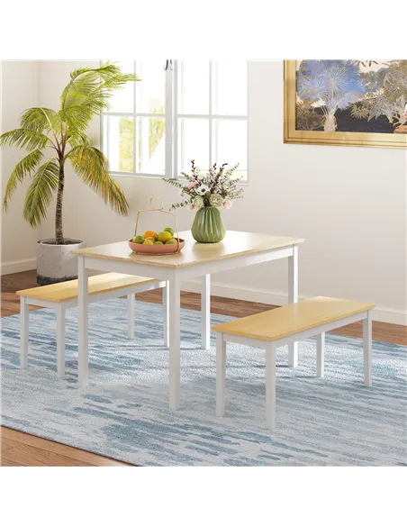 HOMCOM Dining Table and Bench Set, Farmhouse Kitchen Table and Bench with Wooden Frame for Living Room, Dining Room, Natural and