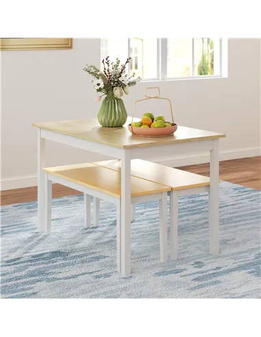 HOMCOM Dining Table and Bench Set, Farmhouse Kitchen Table and Bench with Wooden Frame for Living Room, Dining Room, Natural and