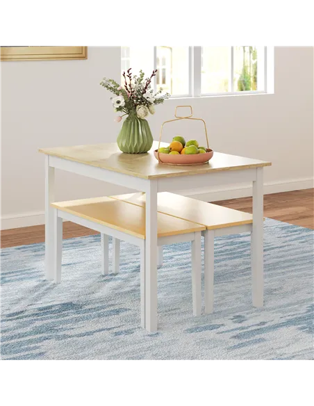 HOMCOM Dining Table and Bench Set, Farmhouse Kitchen Table and Bench with Wooden Frame for Living Room, Dining Room, Natural and