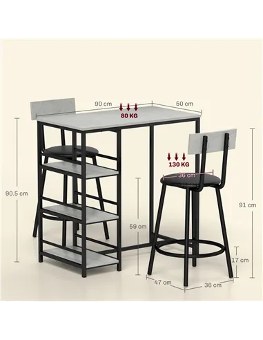 HOMCOM Three-Piece Kitchen Dining Set, with Shelves - Grey/Black