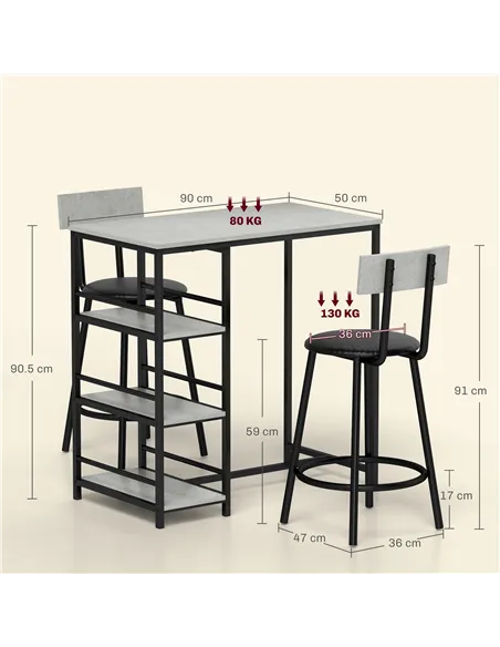 HOMCOM Three-Piece Kitchen Dining Set, with Shelves - Grey/Black