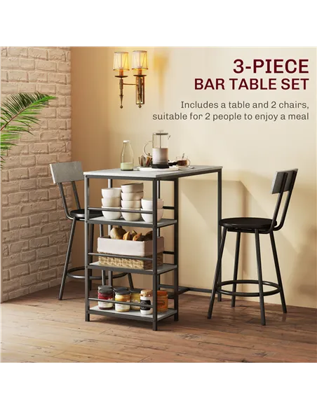 HOMCOM Three-Piece Kitchen Dining Set, with Shelves - Grey/Black