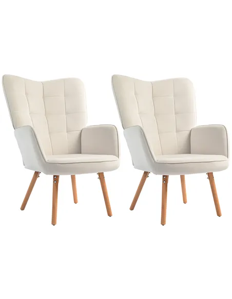 HOMCOM Modern Accent Chair Set of 2 Velvet-Touch Tufted Wingback Armchair Upholstered Leisure Lounge Sofa Club Chair with Wood L