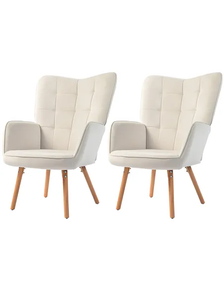 HOMCOM Modern Accent Chair Set of 2 Velvet-Touch Tufted Wingback Armchair Upholstered Leisure Lounge Sofa Club Chair with Wood L