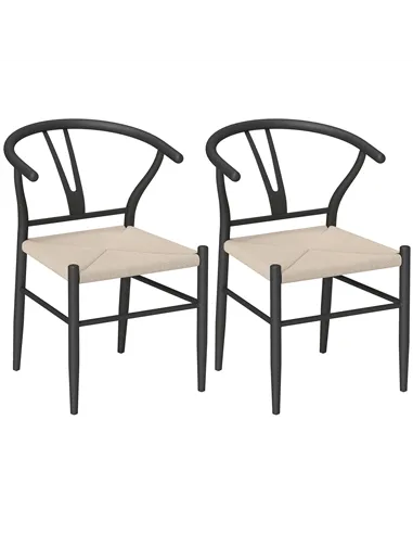 HOMCOM Set of Two Weave Dining Chairs with Y-Shaped Backrest Hemp Seat - Black/Beige