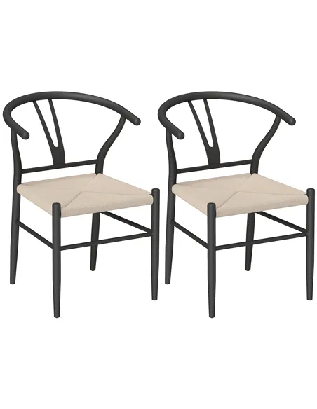 HOMCOM Set of Two Weave Dining Chairs with Y-Shaped Backrest Hemp Seat - Black/Beige