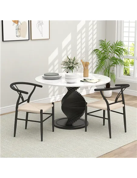 HOMCOM Set of Two Weave Dining Chairs with Y-Shaped Backrest Hemp Seat - Black/Beige