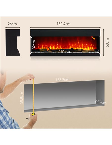 HOMCOM 1800W 15-40℃ Adjustable Flame Glass Panel Convector Heater, 152cm
