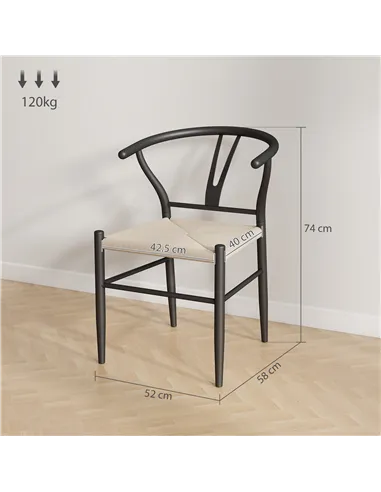 HOMCOM Set of Two Weave Dining Chairs with Y-Shaped Backrest Hemp Seat - Black/Beige