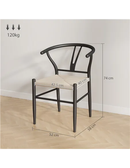 HOMCOM Set of Two Weave Dining Chairs with Y-Shaped Backrest Hemp Seat - Black/Beige