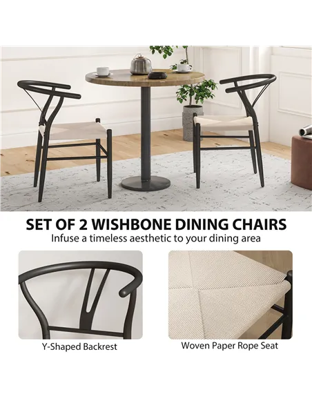 HOMCOM Set of Two Weave Dining Chairs with Y-Shaped Backrest Hemp Seat - Black/Beige