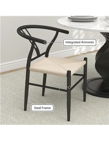 HOMCOM Set of Two Weave Dining Chairs with Y-Shaped Backrest Hemp Seat - Black/Beige
