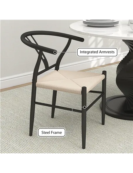 HOMCOM Set of Two Weave Dining Chairs with Y-Shaped Backrest Hemp Seat - Black/Beige