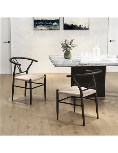 HOMCOM Set of Two Weave Dining Chairs with Y-Shaped Backrest Hemp Seat - Black/Beige