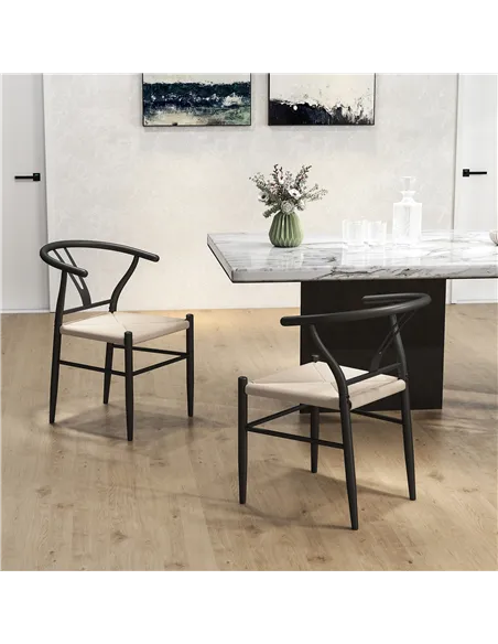 HOMCOM Set of Two Weave Dining Chairs with Y-Shaped Backrest Hemp Seat - Black/Beige