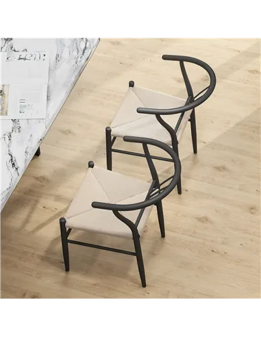 HOMCOM Set of Two Weave Dining Chairs with Y-Shaped Backrest Hemp Seat - Black/Beige