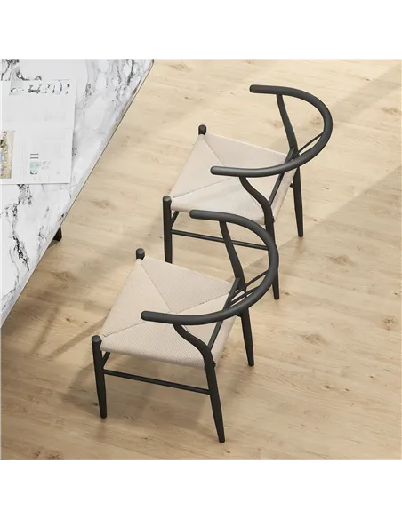 HOMCOM Set of Two Weave Dining Chairs with Y-Shaped Backrest Hemp Seat - Black/Beige