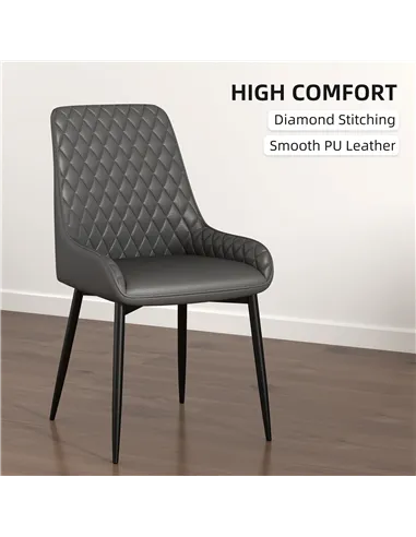 HOMCOM Set of 4 Quilted PU Leather Dining Chairs with Metal Frame 4 Legs Foot Caps Home Seating Modern Stylish Executive, Grey