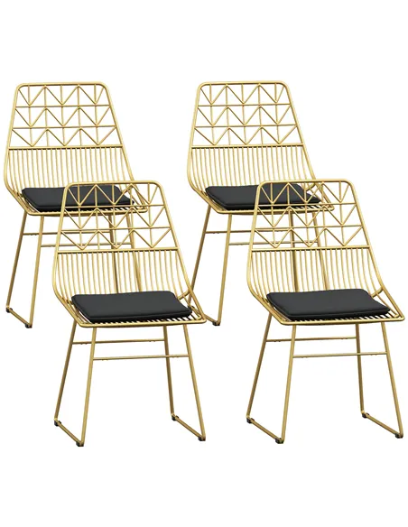 HOMCOM Luxurious Dining Chairs Set of 4, Metal Wire Kitchen Chair with Removable Velvet-feel Cushion, Cut-out Back and Steel Fra