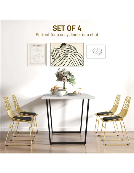 HOMCOM Luxurious Dining Chairs Set of 4, Metal Wire Kitchen Chair with Removable Velvet-feel Cushion, Cut-out Back and Steel Fra