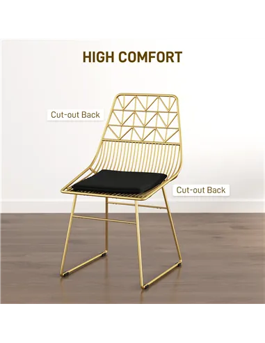 HOMCOM Luxurious Dining Chairs Set of 4, Metal Wire Kitchen Chair with Removable Velvet-feel Cushion, Cut-out Back and Steel Fra