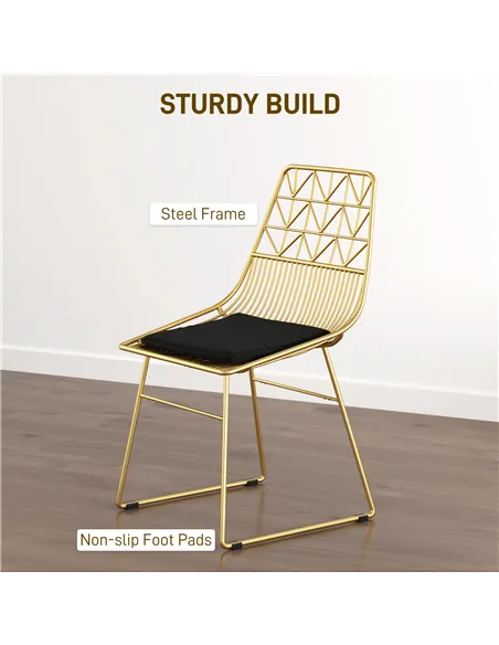 HOMCOM Luxurious Dining Chairs Set of 4, Metal Wire Kitchen Chair with Removable Velvet-feel Cushion, Cut-out Back and Steel Fra