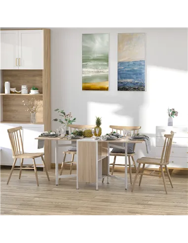 HOMCOM Foldable Drop Leaf Dining Table Folding Workstation for Small Space with Storage Shelves Cubes Oak & White