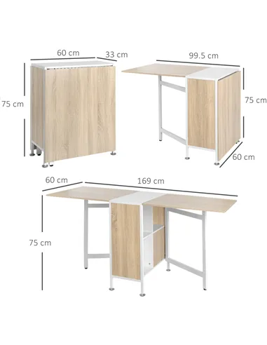 HOMCOM Foldable Drop Leaf Dining Table Folding Workstation for Small Space with Storage Shelves Cubes Oak & White