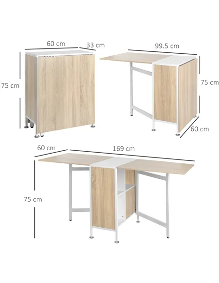 HOMCOM Foldable Drop Leaf Dining Table Folding Workstation for Small Space with Storage Shelves Cubes Oak & White
