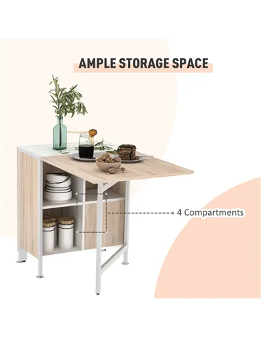 HOMCOM Foldable Drop Leaf Dining Table Folding Workstation for Small Space with Storage Shelves Cubes Oak & White