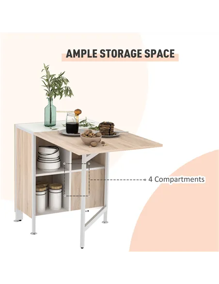 HOMCOM Foldable Drop Leaf Dining Table Folding Workstation for Small Space with Storage Shelves Cubes Oak & White