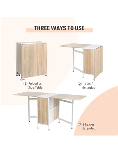 HOMCOM Foldable Drop Leaf Dining Table Folding Workstation for Small Space with Storage Shelves Cubes Oak & White
