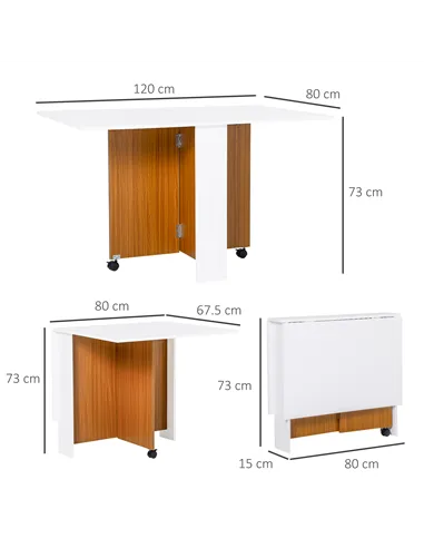 HOMCOM Folding Dining Table Writing Desk Workstation w/ Casters Teak Colour, White