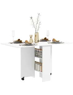 HOMCOM Folding Dining Table, Drop Leaf Table with 2-Tier Shelves, Rolling Casters, for Small Spaces, Kitchen, White