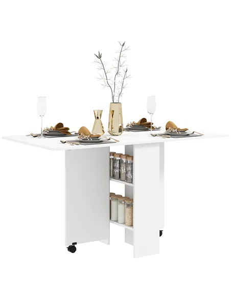 HOMCOM Folding Dining Table, Drop Leaf Table with 2-Tier Shelves, Rolling Casters, for Small Spaces, Kitchen, White