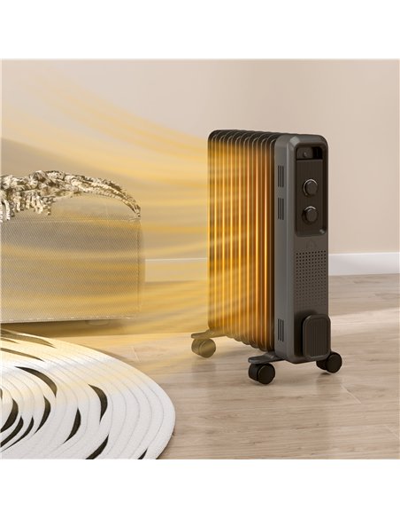 HOMCOM 2000W Oil Filled Radiator, 9 Fin, Portable Electric Heater with 3 Heat Settings, Safety Cut-Off and Wheels, Grey