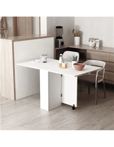 HOMCOM Folding Dining Table, Drop Leaf Table with 2-Tier Shelves, Rolling Casters, for Small Spaces, Kitchen, White