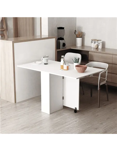 HOMCOM Folding Dining Table, Drop Leaf Table with 2-Tier Shelves, Rolling Casters, for Small Spaces, Kitchen, White