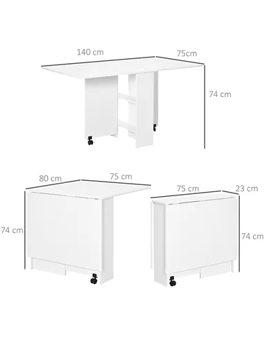 HOMCOM Folding Dining Table, Drop Leaf Table with 2-Tier Shelves, Rolling Casters, for Small Spaces, Kitchen, White