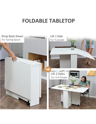 HOMCOM Folding Dining Table, Drop Leaf Table with 2-Tier Shelves, Rolling Casters, for Small Spaces, Kitchen, White