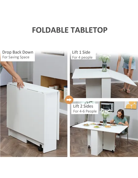 HOMCOM Folding Dining Table, Drop Leaf Table with 2-Tier Shelves, Rolling Casters, for Small Spaces, Kitchen, White