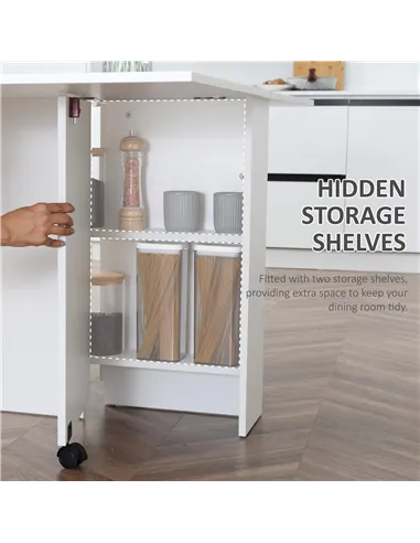HOMCOM Folding Dining Table, Drop Leaf Table with 2-Tier Shelves, Rolling Casters, for Small Spaces, Kitchen, White